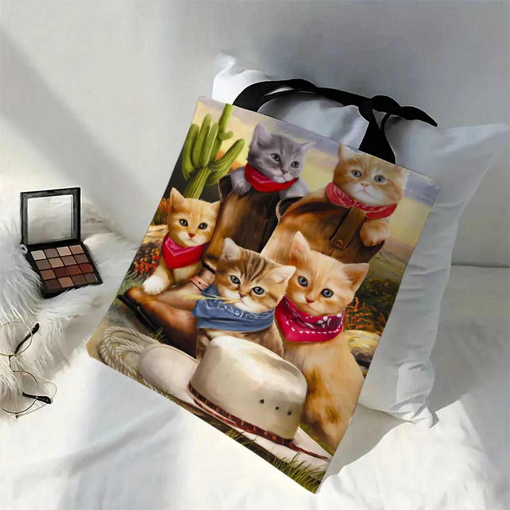 Oil Painting Cat Dog Print WomenTote Bags ReusableFor Groceries Shoulder Bags for Handbags Foldable