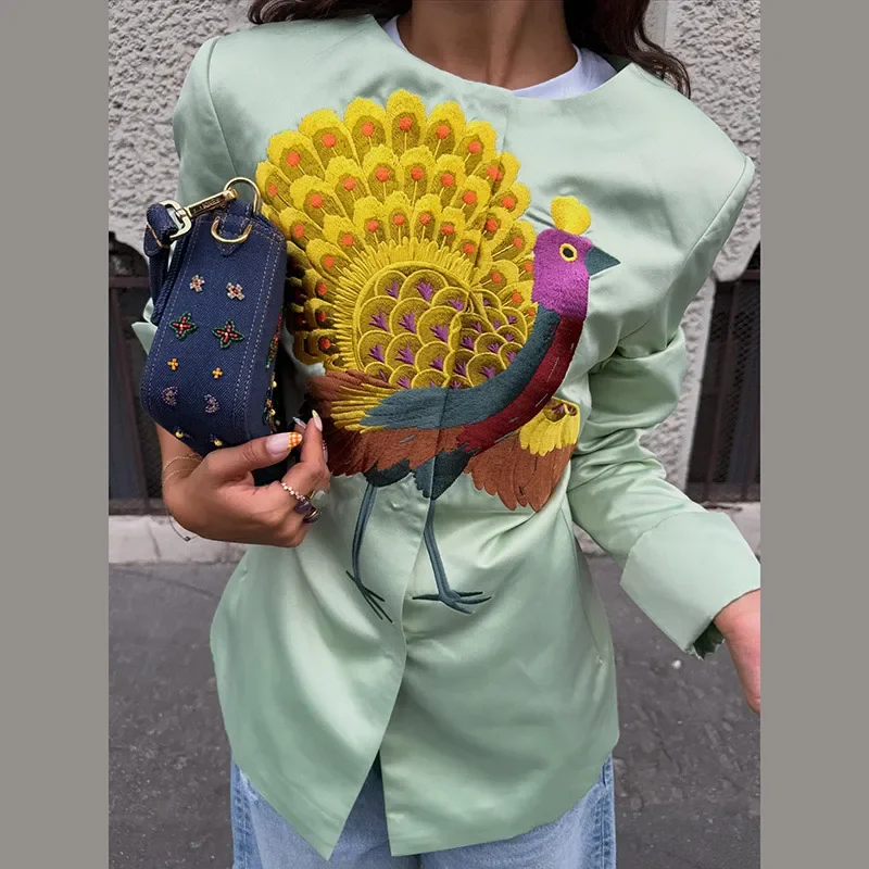 Mäntel mit Pfauenstickerei und Taillenbund für Damen, elegante, langärmlige, getäfelte, schmale Jacken mit Rundhalsausschnitt, schicke Damen-Oberbekleidung für den Arbeitsweg – Detail 3