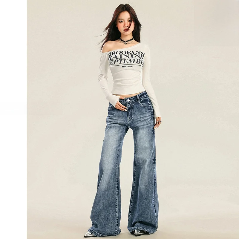 

Off American Retro Low Waist Wide Leg Jeans Women Loose Straight Not Fitting New 2025 Waed Denim Trousers Ladies Faion