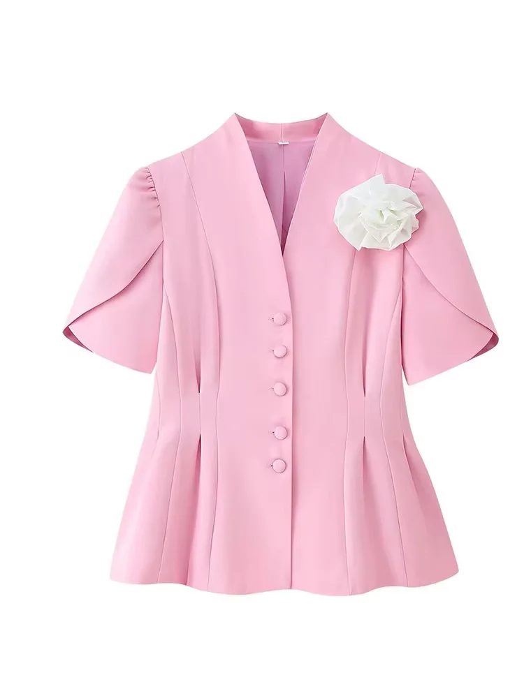 HH Frauen Herbst V-ausschnitt einreiher Kurzen Ärmeln Blazer Top Weibliche Chic Plissee 3D Blume Vintage 2-Farbe jacke Mujer