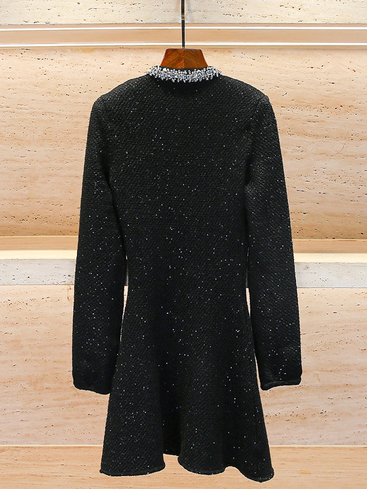 Dr lavorato a maglia di lusso con gonna a trapezio a vita alta Diamo impreziosita Ele Chic Sle Fibra di poliestere Lunga Sve