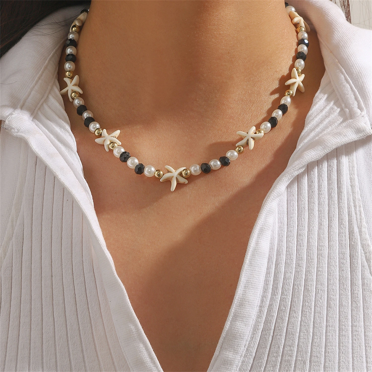 

WAKA Boho Starfish Beaded Choker Necklace for Women Beach Pearl Shell Pendant Fashion Jewelry Summer Holiday Gift Accessories