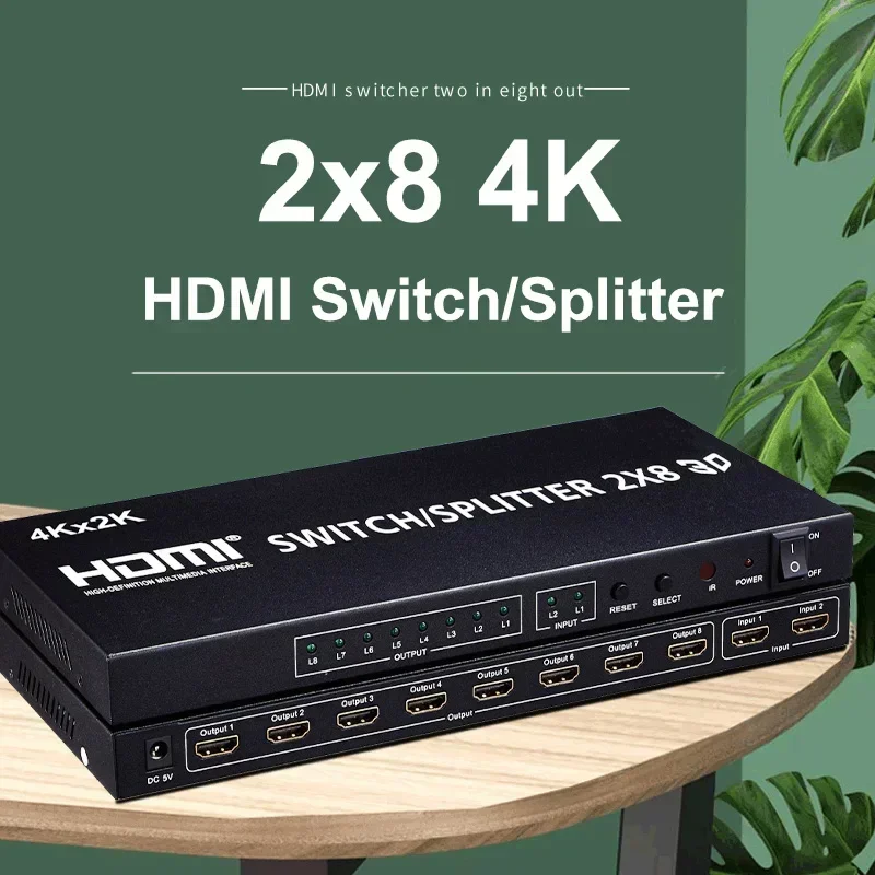 4K 3D HDMI Switch Box Selector 2x8 2 in 8 Out HDMI Splitter 1 To 8 Monitor Screen Display for PS4 DVD Laptop PC To TV Projector