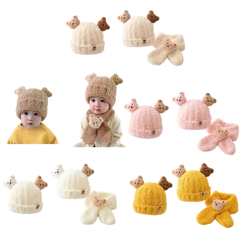 

Bear Hat Winter Warm Hat Neck Scarf Set for Infant Toddler Baby Plush Neck Cover Neckerchief Beanie Bonnet G99C