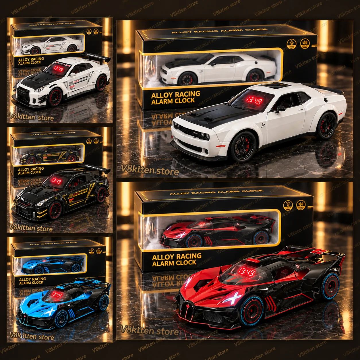 Simulated Sports Car Alarm Clock with Engine Roar Sound, LED Lights, Exhaust Mist Spray, Rechargeable Supercar Model Desk Decor