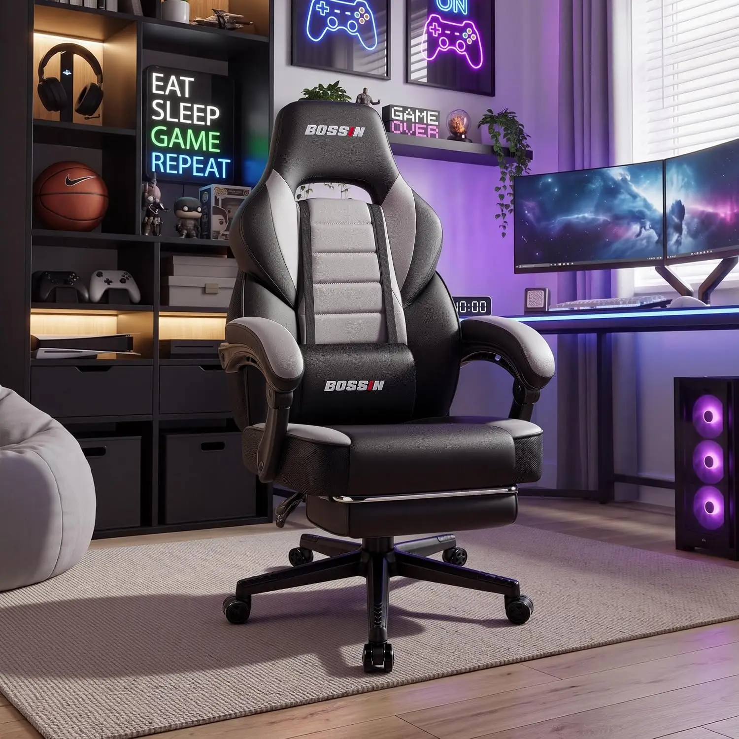 Gaming Chair with Massage, Ergonomic Heavy Duty Design with Footrest and Lumbar Support, Large Size Cushion High Back Office Chair, Big and Tall Gaming Computer Chair for Kids,Gray
