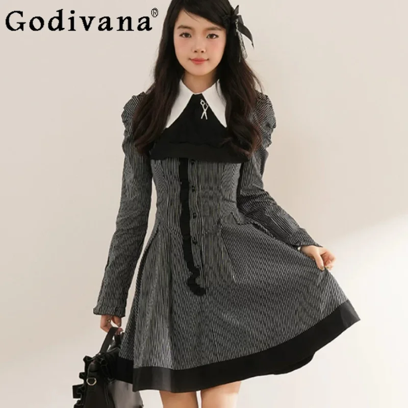 Women Spring Lolita Vintage Gothic Black White Striped Dress Fashion High Waist A-line Age Reduction Long Sleeve Short Dresses
