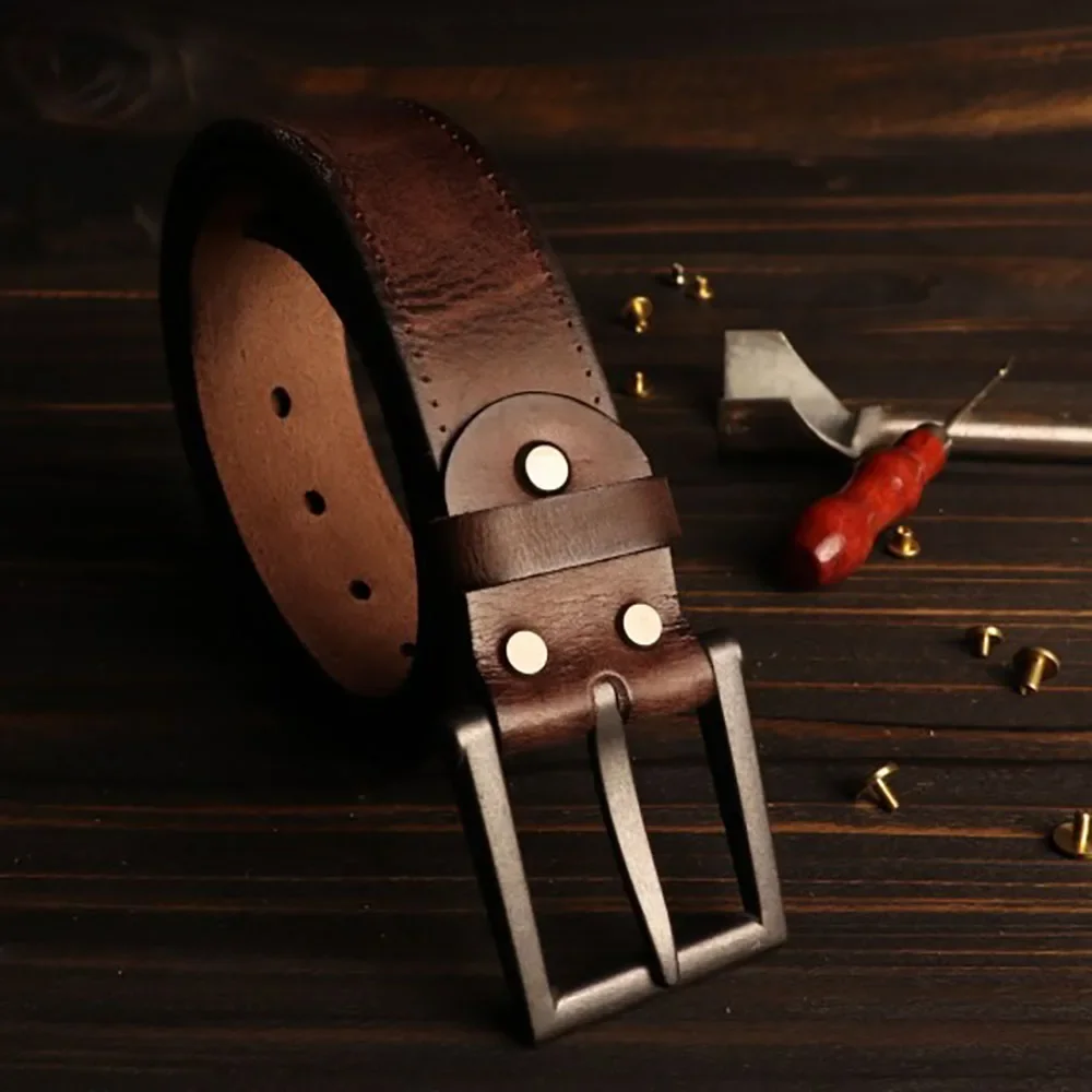 Fashionable Vintage Handmade Distressed Edge Top Grain Leather Belt with Pure Black Alloy Buckle 38mm Width