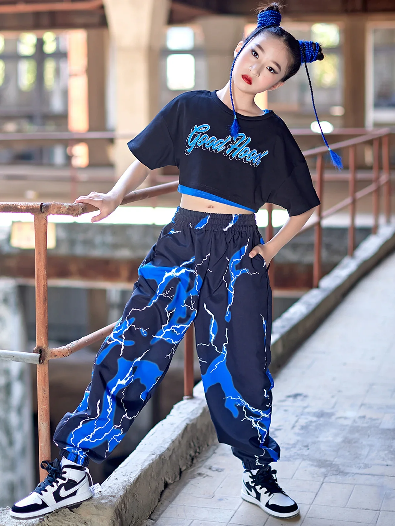 Hip Hop Casual Topกางเกงเด็กTracksuitวัยรุ่นเครื่องแต่งกายเวทีแฟชั่นแสดงเต้นรําเสื้อผ้าเด็กหญิงชุดStreetwear