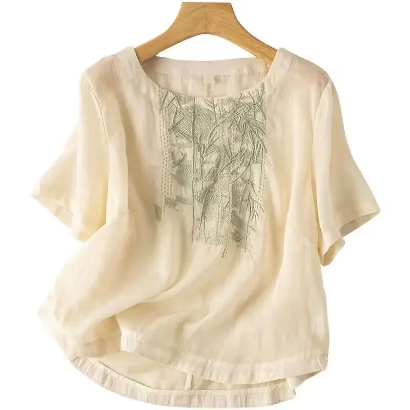 

Loose Short Sleeved Cotton and Linen Shirt New Large Size Heavy Embroidery Cotton and Linen Top Artistic and Retro