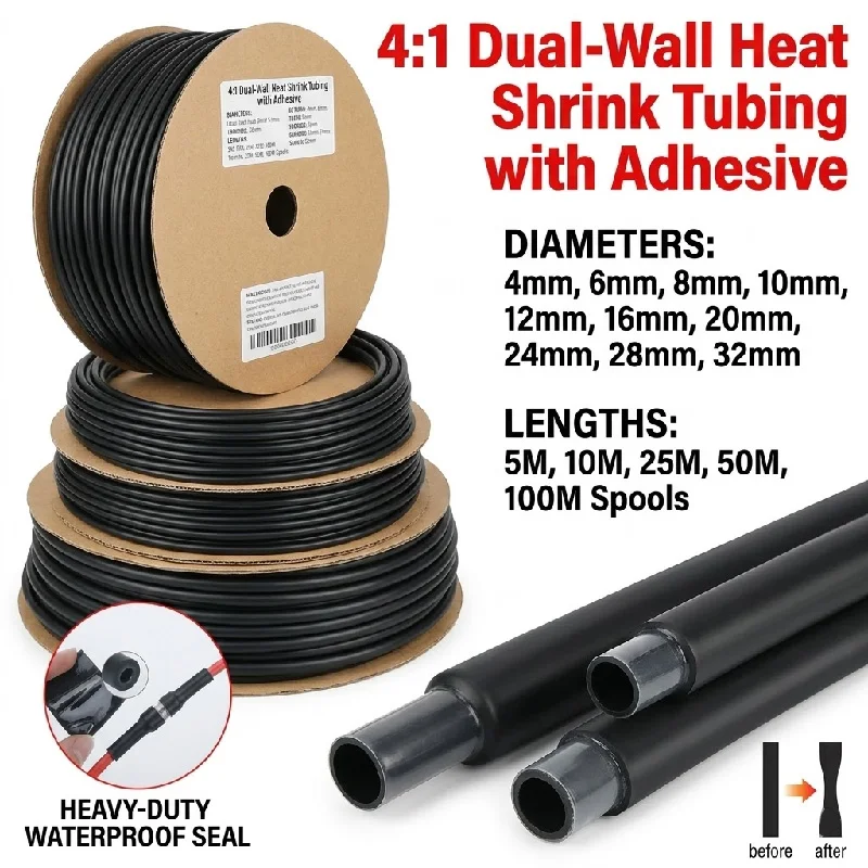 1/2/3/5m  Shrink Tube with Glue Waterproof Dual Wall Tubing 4mm To 1.6-50mm Black Insulated Cable Sleeve