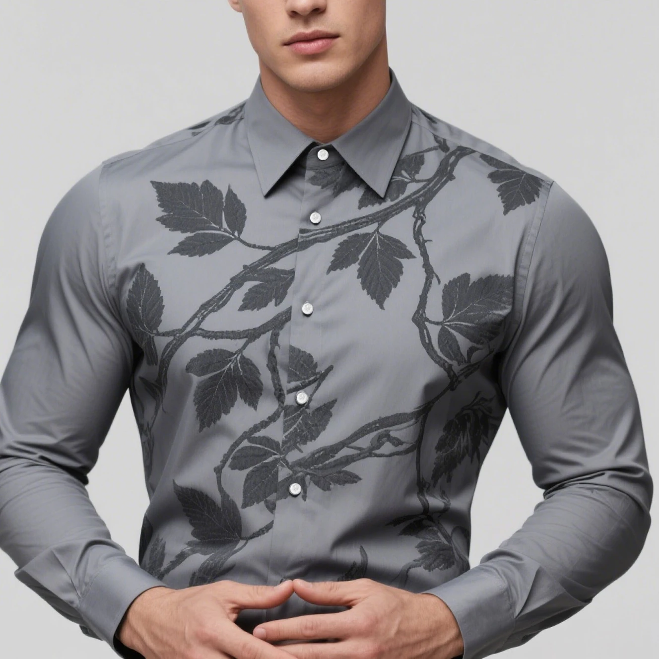 Camisa con estampado de hojas de plantas de color claro para hombre, camisa estampada con imagen geométrica, solapa de manga larga, top informal de negocios sencillo para fiesta al aire libre