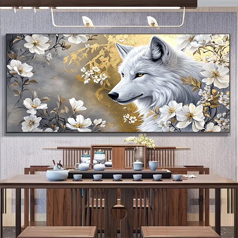 White Wolf Flowers Diamond Painting Large Size Full Square Round 5D DIY Diamond Embroidery Mosaic Embroidery Animal Home Decor