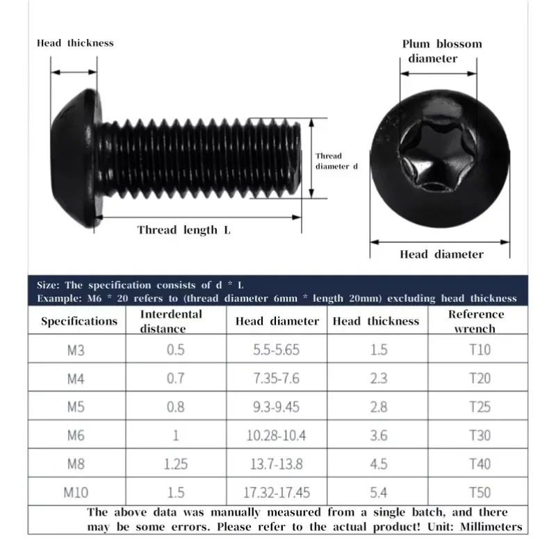 M3 M4 M5 M6 M8 M10 Black Grade 10.9 Steel GB2672 Torx Button Head Six-Lobe Round Head Machine Screws