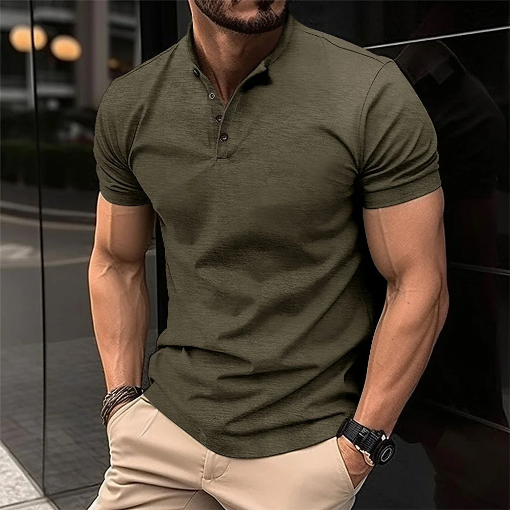 Men\'s POLO shirt button Henry collar short-sleeved pullover casual sports solid color stand collar trend T-shirt