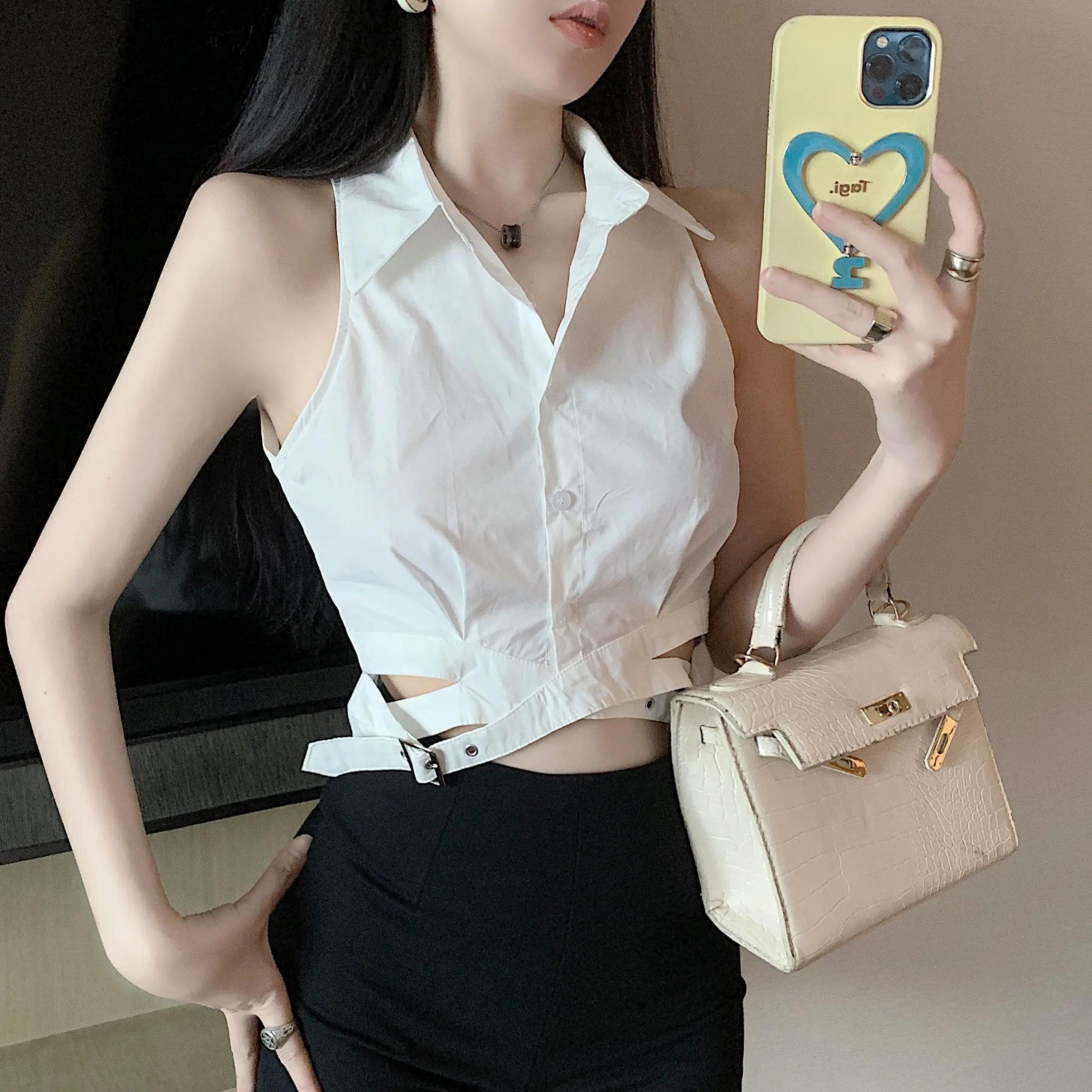 Chic Hot Girl Temperament Polo Kraag Shirt Mouwloos Vest Dames Onregelmatige Korte Top