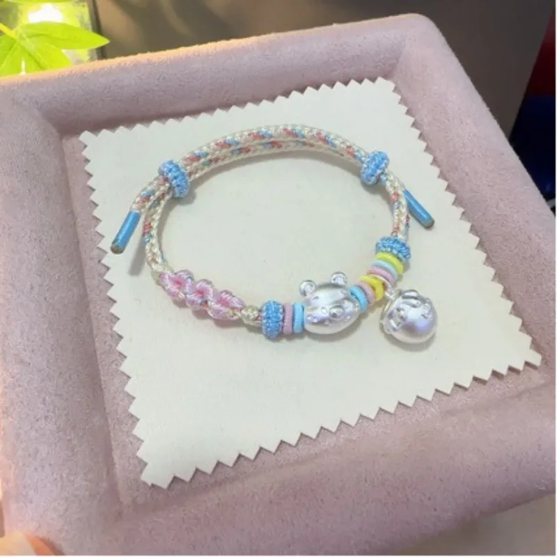 

Браслет из стерлингового серебра 999 пробы с Винни-Пухом и медовым горшочком, женский, ручной работы, с бусинами в виде цветков персика, талисман удачи, подарок для подруг