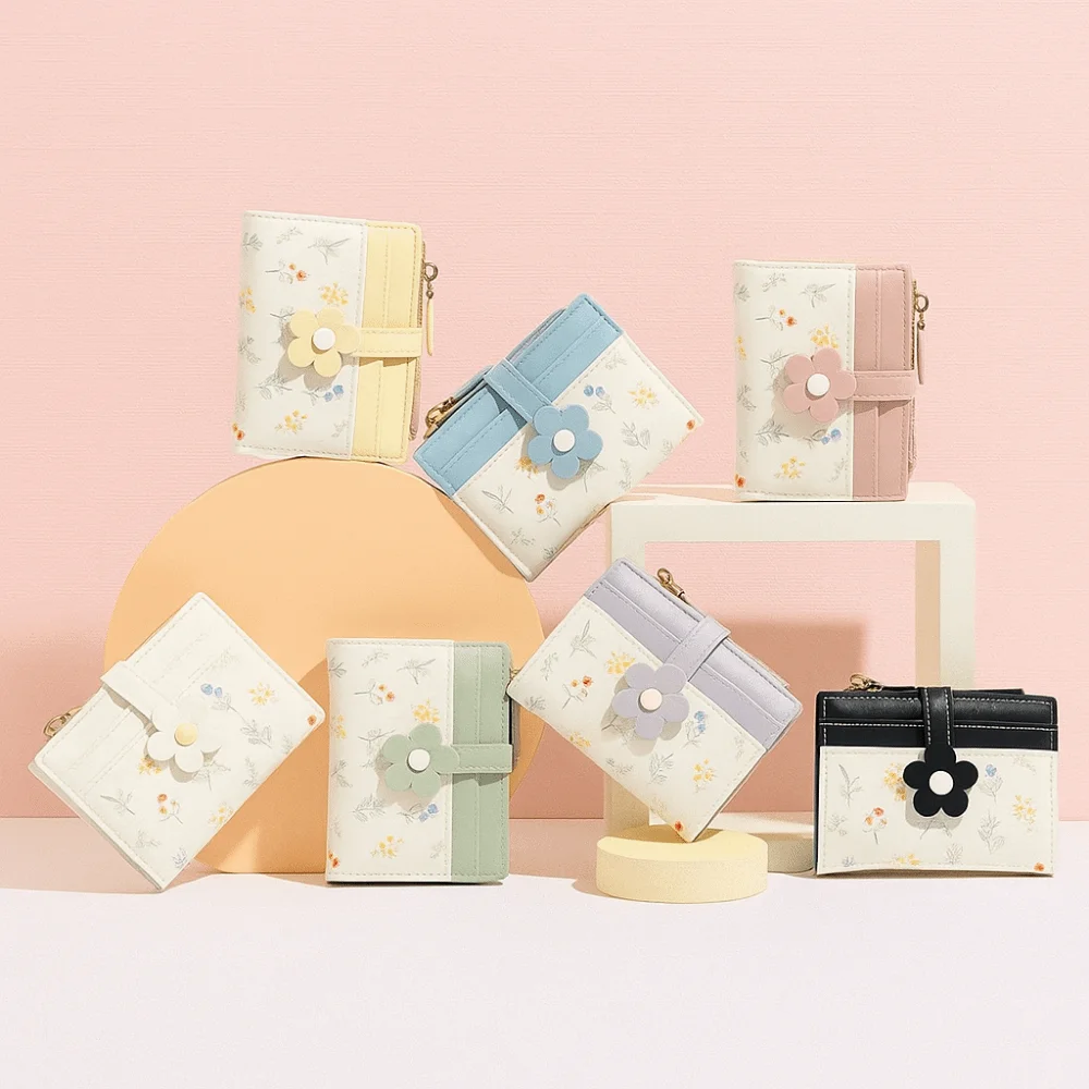 

Flowers Printed Mini Coin Purse Multi-Cards Slot Zipper Women's Short Wallet Creative Portable Mini Keychain Bag Key Protector