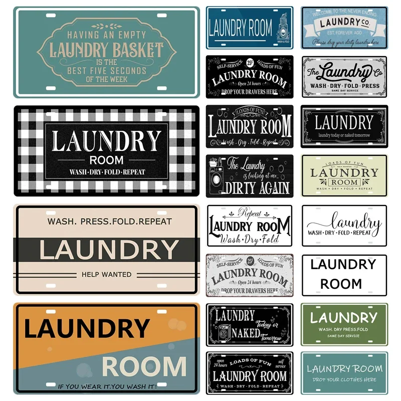 Laundry License Plate 6X12Inch Laundry Room Wall Metal Plate Signs Decor Wash Dry Fold Letters Door Help Wanted Slogan Wall Sign