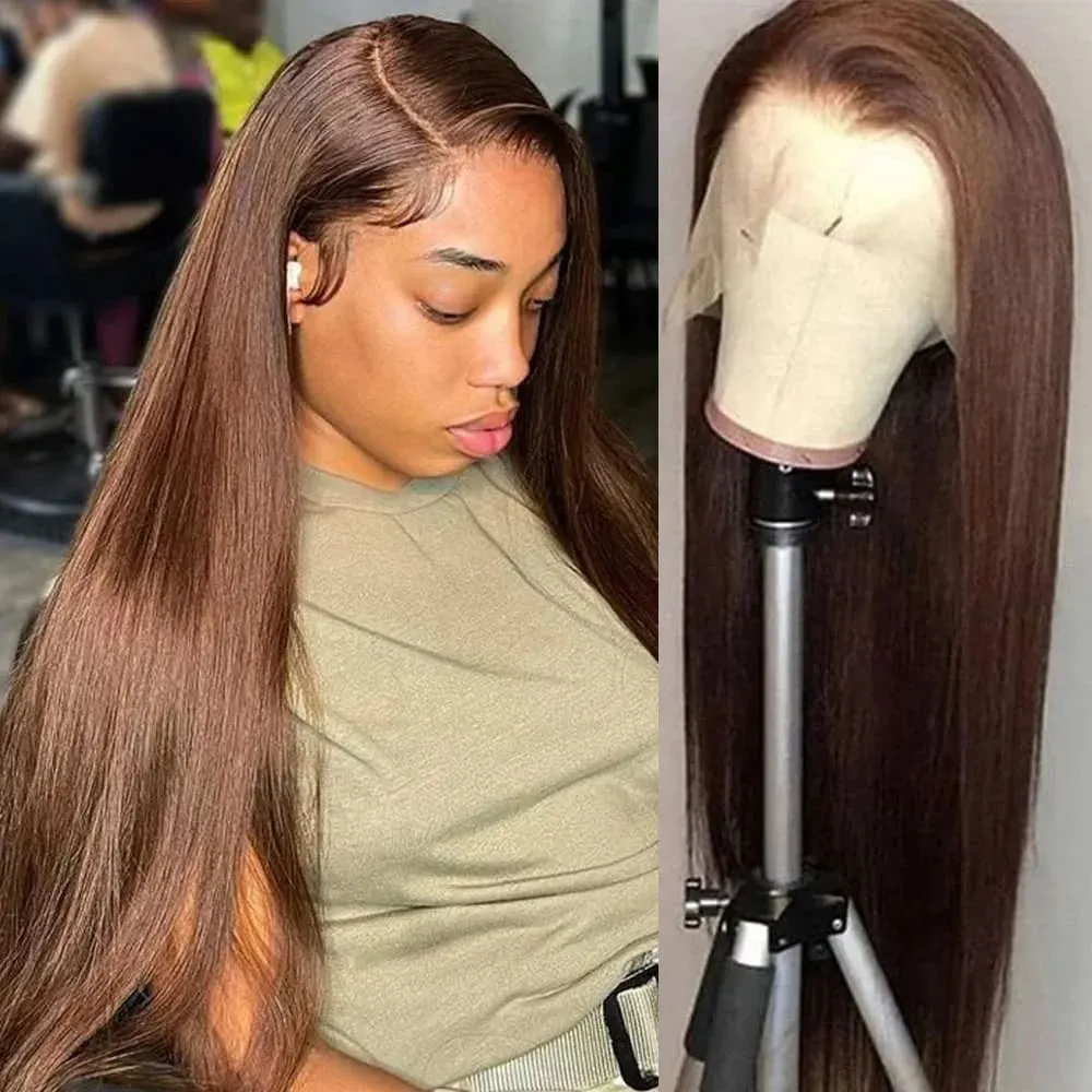 30 Inch Bone Straight Colored Chocolate Brown Lace Front Human Hair Wigs For Women 13x4 HD Transparent Lace Frontal Wig On Sale