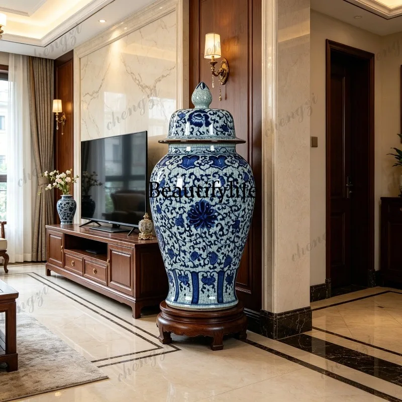 Jingdezhen handmade ceramic vase blue and white porcelain general jar hand-painted ancient with lid extra large ornament floor