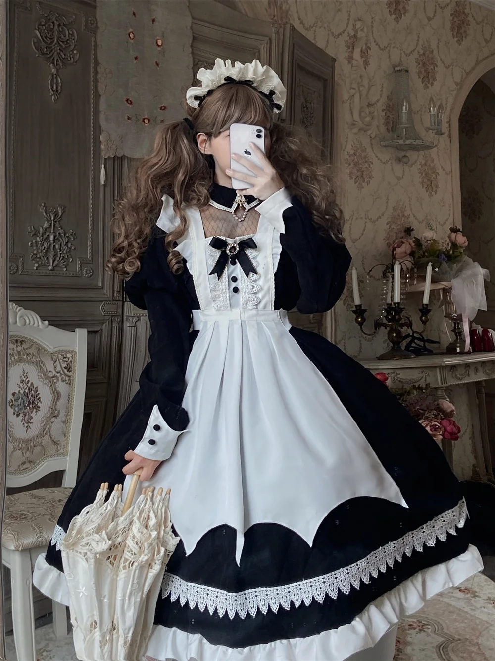 Lolita Maid fur s, Short Retro, Elegant Tablier, Puff Sleeve Jumpsuit, High Waist, Long fur s, Kawaii Girl, Gothic Lolita Op Loli Cos