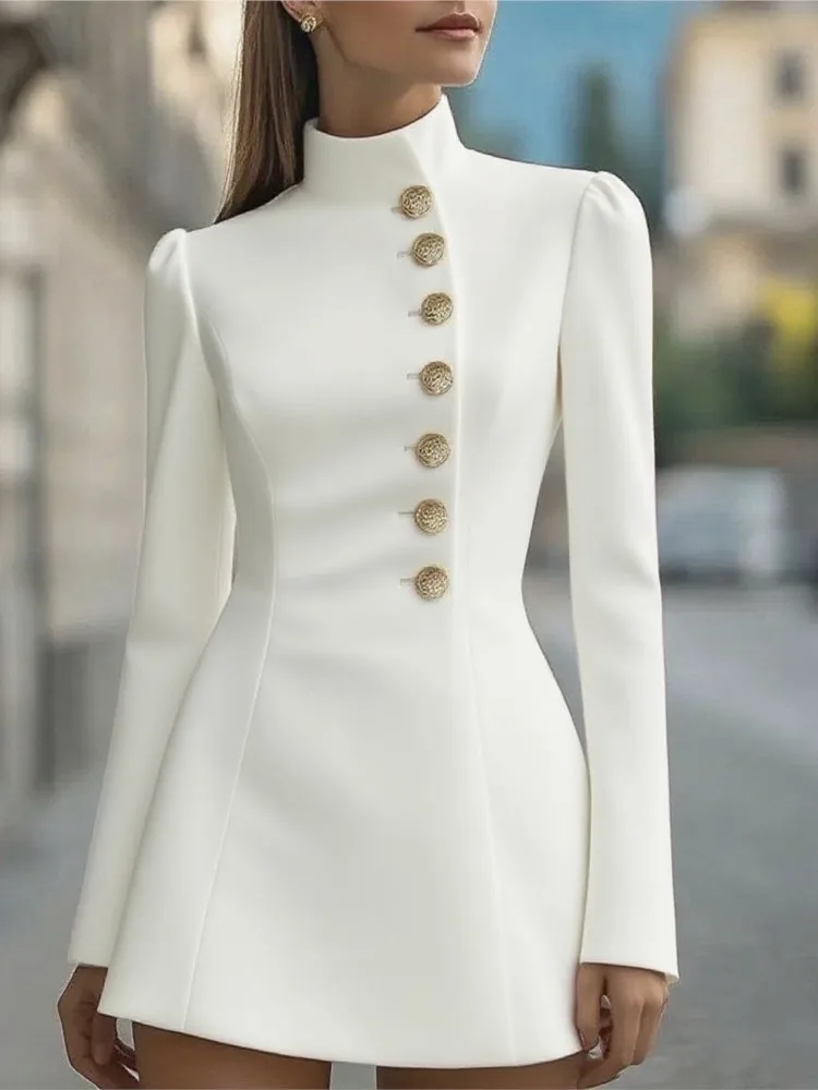 

Autumn New Slim Fit Solid High Collar Single Breasted Suit Mini Dress Fashion Long Sleeve Office Lady Button White Short Dresses