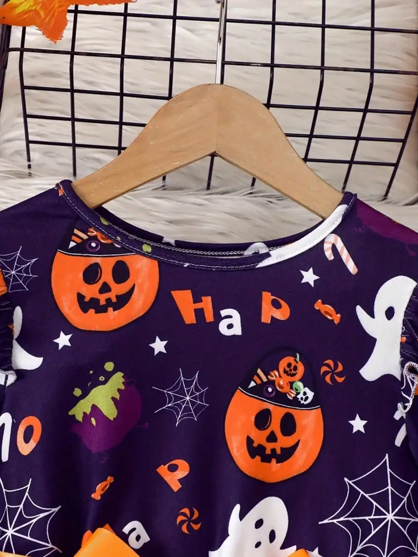 Langärmeliges Halloween-Kleid aus Netzstoff für Kinder mit Kürbis- und Geistermuster, Rundhalsausschnitt, mittellanger Rock für Kinderkostüme – Detail 5