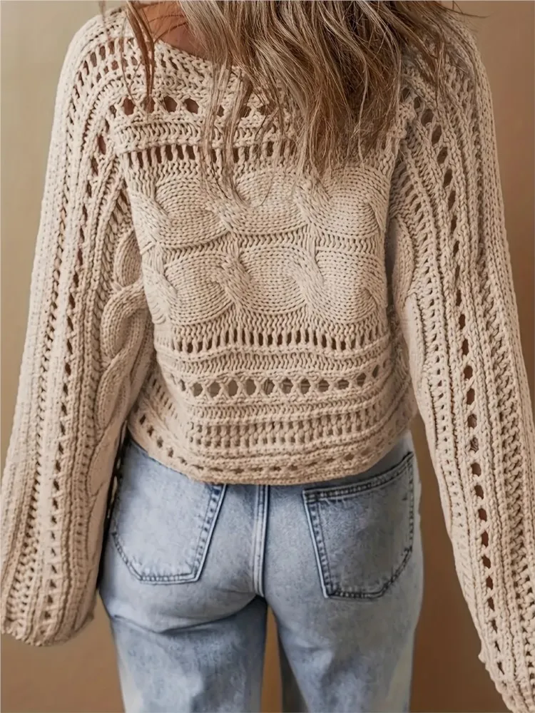Women's Long-sleeved Round-neck Short Top Spring And Autumn Simple Solid Color Crochet Blouse Hollow Long-sleeved Beach Sweater
