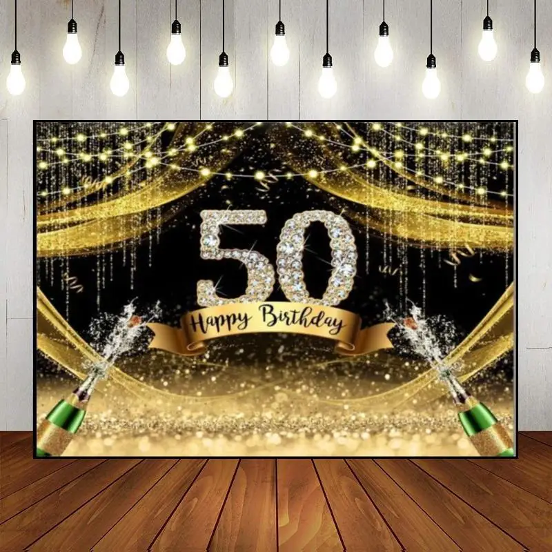 Happy 42th43th44th45th50th Birthday Decoration Black and Gold Background Custom Backdrop Fairy Photo Succulent Green Screen Lant