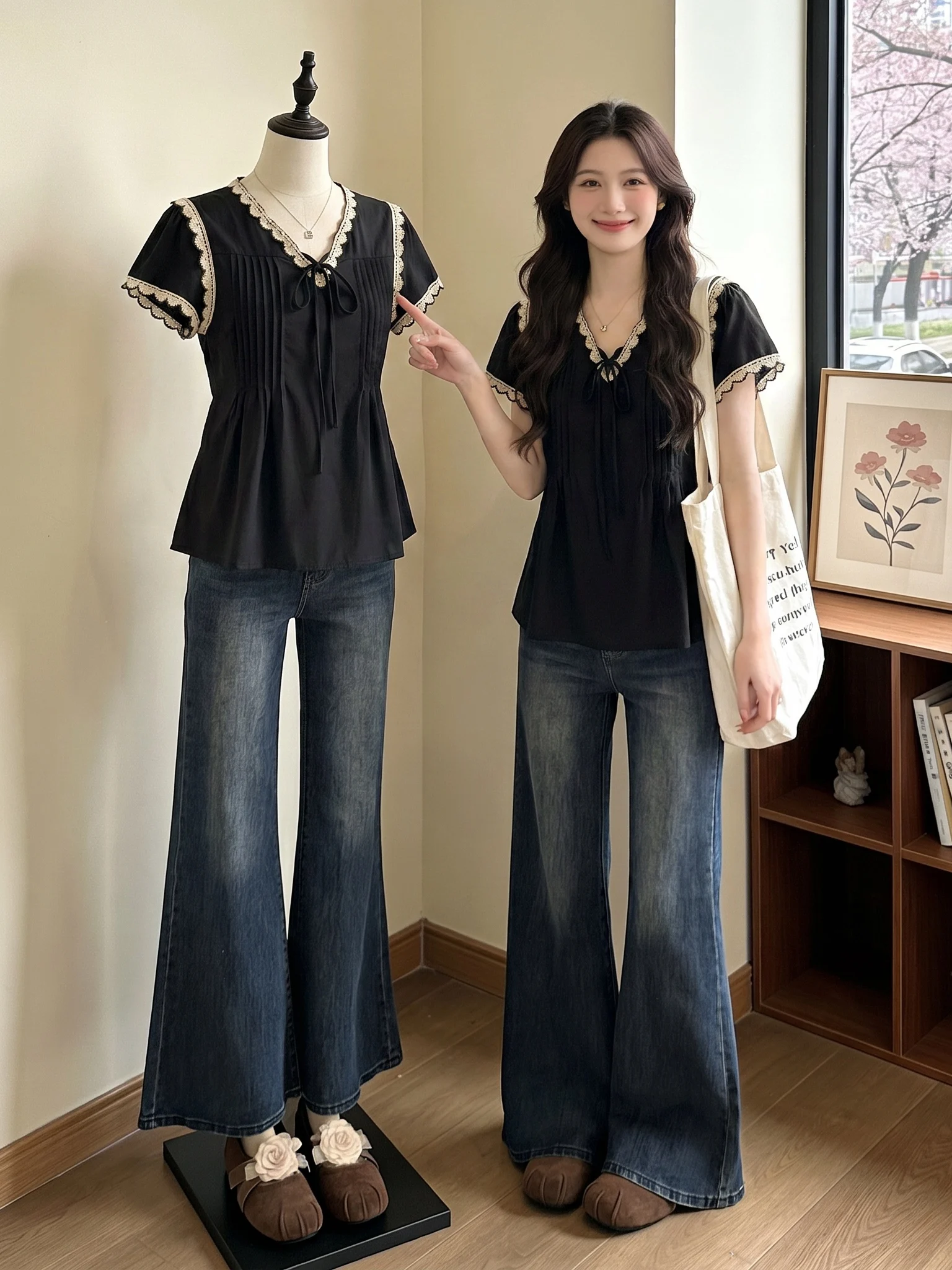 

Black Short Sleeve Shirt Women's 2026 Summer New Style plus Size Fluffy Sleeve Doll Shirt Top Commute Korean Loose Fit