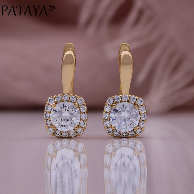 PATAYA Hot Simple Natural Zircon Clips Earrings for Women Trendy Champagne Gold Color Bride Wedding Earrings Fine Jewelry