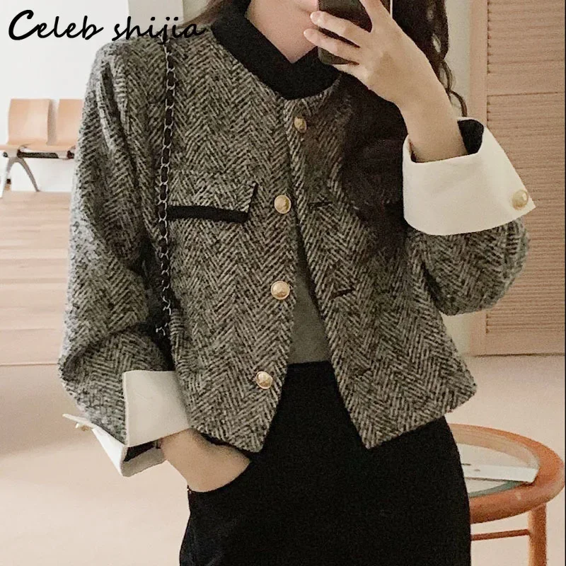 Chic Elegant Tweed Jacket Women Stand Neck  Winter Vintage Woolen Coat Female Golden Button Business Korean Pocket Outfit