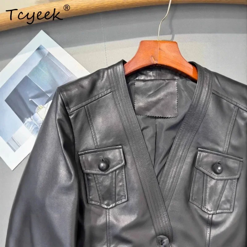 Tcyeek Vegetable Tanned Sheepskin Coats Fashion Genuine Leather Jacket Women V-neck Slim Fit Autumn Woman Clothes Belt Chaquetas