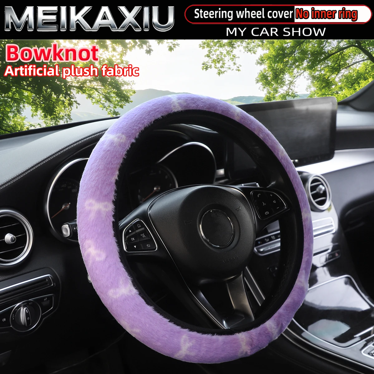 Women's Artificial Rabbit Fur Bow Pattern Steering Wheel Cover Car Decoration Rimless 37-38cm Universal Fit