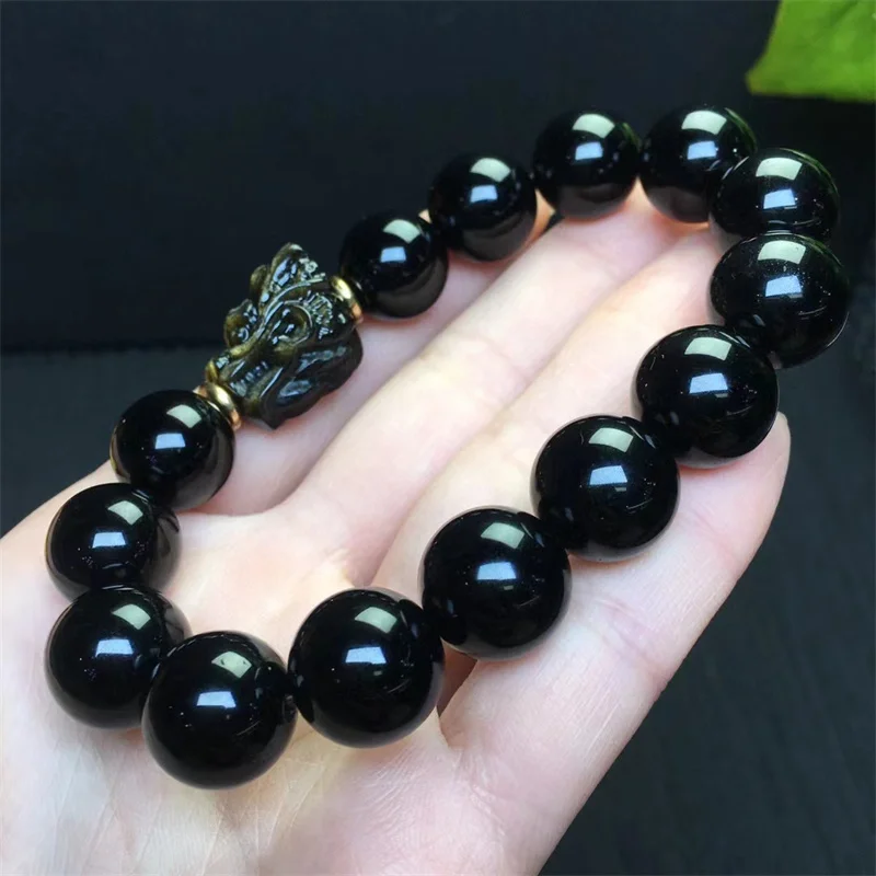 14mm Natural Black Obsidian Dragon Head Bracelet Women Fashion Round Stone Elegant Healing Strand Bangles Wristband Gift 1PCS