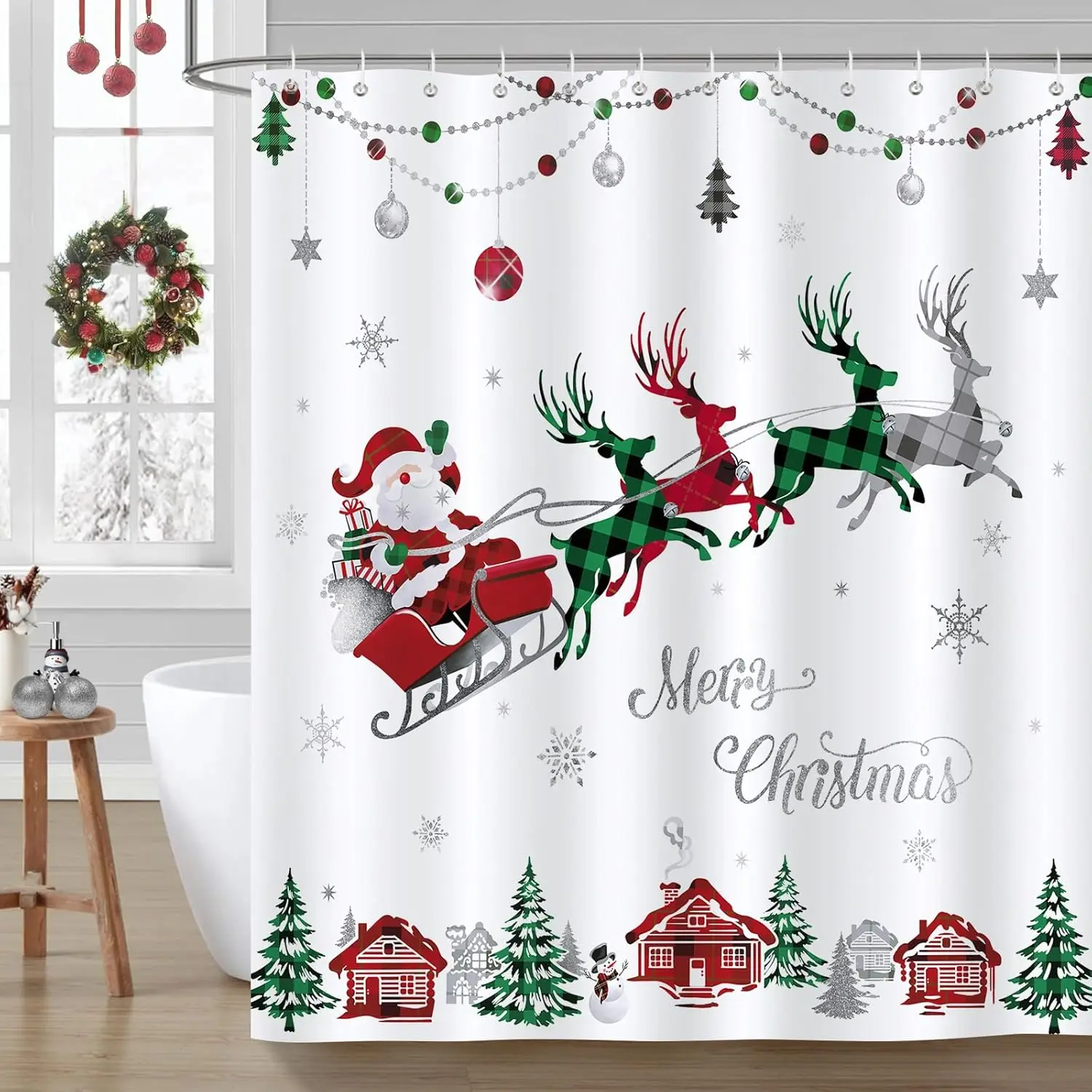 

Merry Christmas Santa Claus Sleigh Reindeer Shower Curtain Waterproof Washable Shower Curtain 180x 180cm with 12 hooks