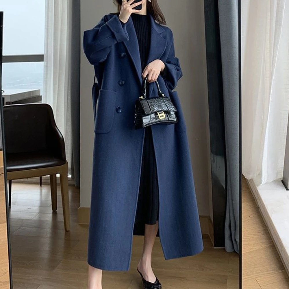 Autumn Winter 2025 Coat Women Chic Decent Solid Color Double Breasted Long Sleeve Lapel Long Office Lady Coat For Women