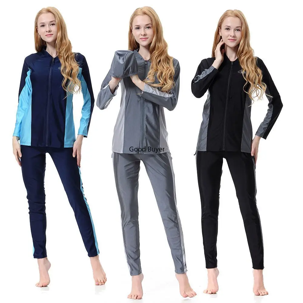 

2025 New Arrival Oem 3pcs Casual Long Sleeve Plain Color Muslim Swimwear & Beachwear Comfortable Loose Zipper Beach Swimwear