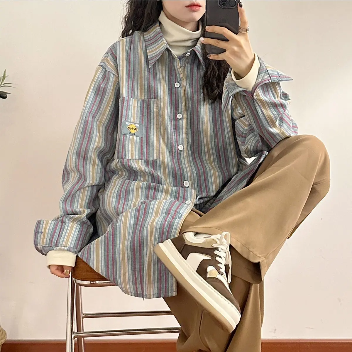 American Retro Striped Long-Sleeved Shirt Women Summer New Contrasting Color Niche Design Casual Versatile Loose Lazy Style Jack
