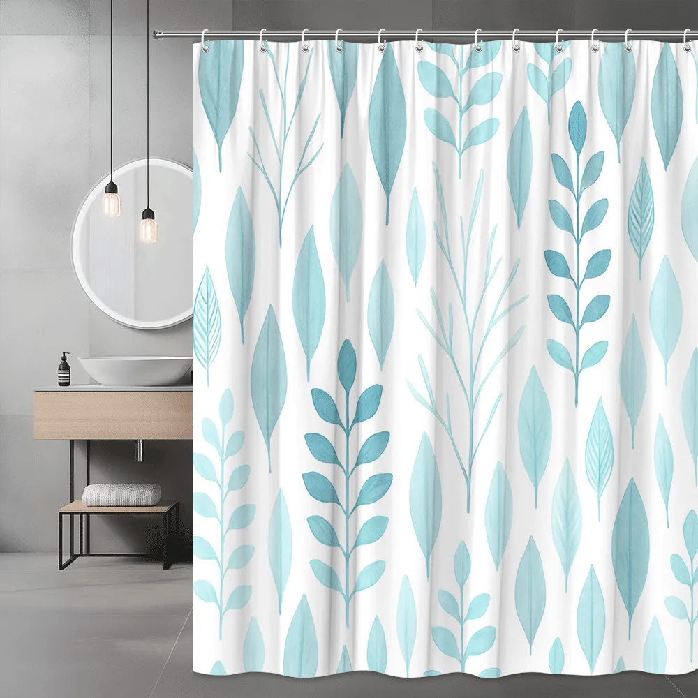 

Голубая занавеска для душа с узором листьев, минималистичный дизайн природы, современный декор для ванной комнаты, элегантные водонепроницаемые бесплатные крючки в комплекте