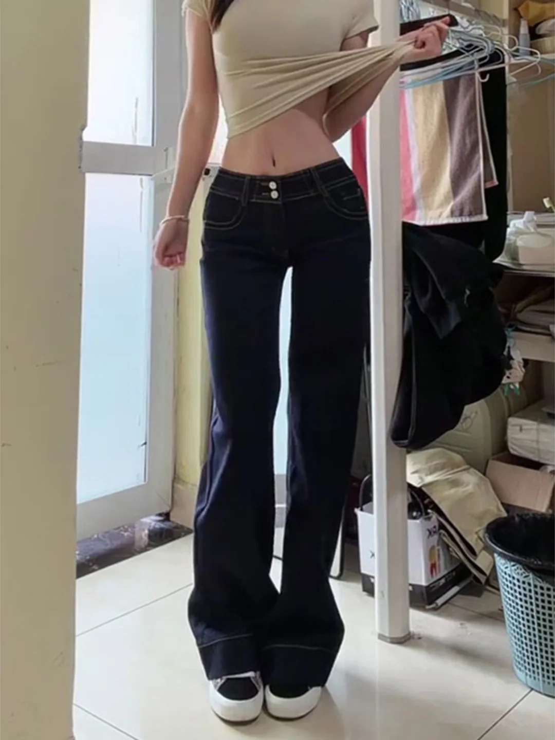 

Low Waist Bell Bottom Denim Jeans Women's Summer Loose Slimming American Hot Girl Jeans Blue Washed out Pocket Detail