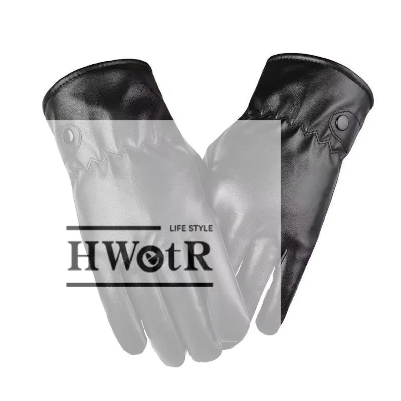 Black Winter Leather Gloves With Thick Fleece Lining Windproof Design For Cycling Driving Outdoor Cold Weather Use