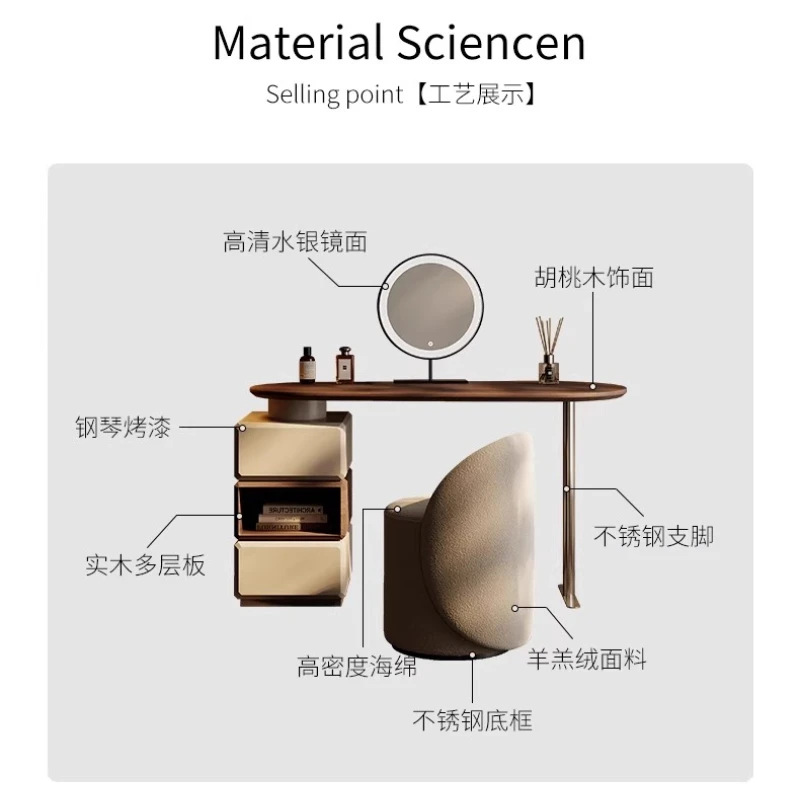 طاولة زينة مكياج فاخرة مضيئة مع خزائن مرآة لمكتب غرفة نوم البالغين مع مرآة خفيفة مع مقعد حديث