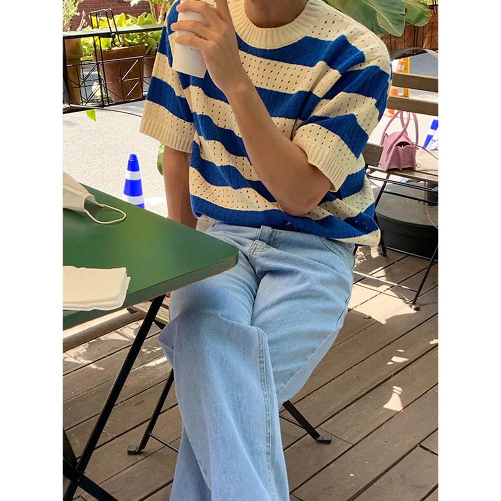 Summer new hollow short-sleeved knitted sweater men's striped slim-fit business casual T-shirt