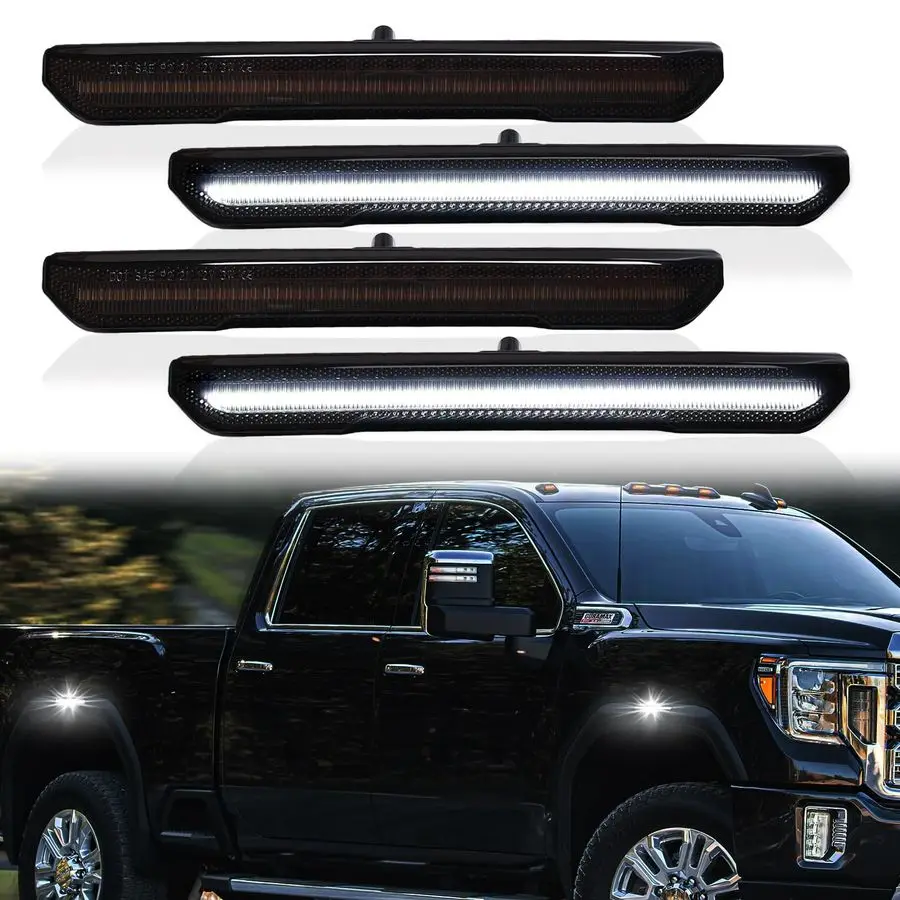 

Боковые габаритные огни для пикапов GMC Sierra 2500HD 3500HD 2020-2025, белые передние и задние фонари на крылья, с затемненными линзами