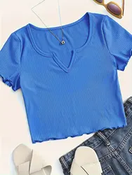 Notched Neck Lettuce Trim Crop T-shirt Casual Short Sleeve Crop Top For Spring & Summer Women's Clothing