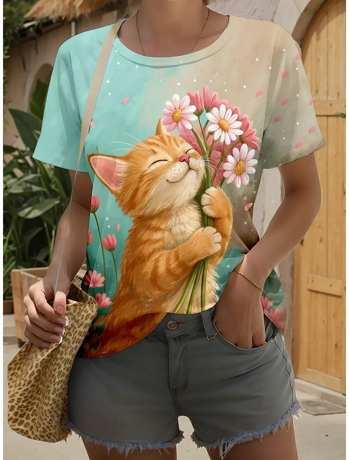 

Плюс размер, модная женская футболка с животными, стильная кавайная футболка с принтом кота, повседневные футболки с короткими рукавами и круглым вырезом, обычные топы