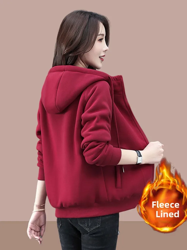 

Thickened Fleece Hooded Sweatshirt Korean Style Casual Pure Color Open Cardigan Coat for Women Autumn Winter New Arrival
