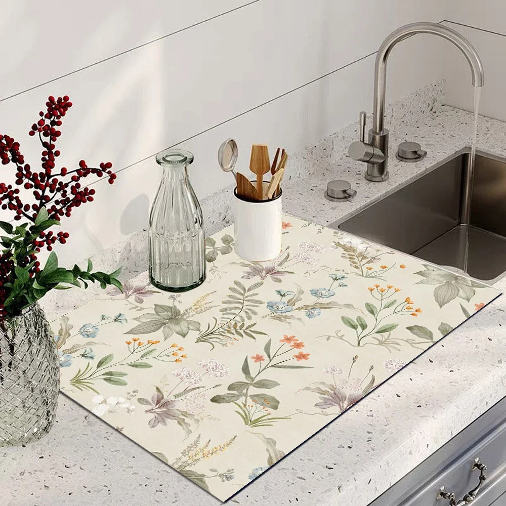 Plant Floral Print Absorbent Machine Drip Mat Non Slip Rubber Sole Anti Dirt For Coffee Machine Kitchen Sink Bathroom Countertop
